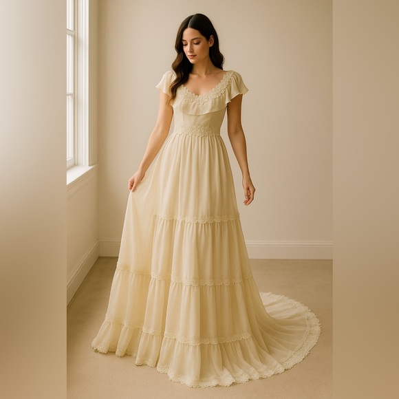 Dresses & Skirts - Vintage 1970s Prairie Wedding Gown – Organza Ruffles, Daisy Floral Appliqué